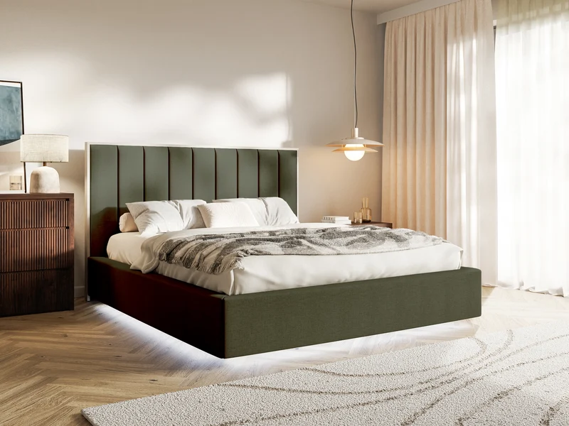 Polsterbett 140x200 cm Togents mit LED-Beleuchtung, dunkelgrüner hydrofober Chenillestoff