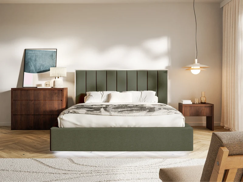 Polsterbett 140x200 cm Togents mit LED-Beleuchtung, dunkelgrüner hydrofober Chenillestoff