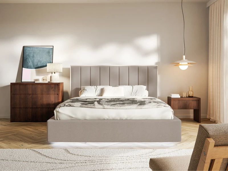 Polsterbett 140x200 cm Togents mit LED-Beleuchtung, brauner hydrophober Chenillestoff