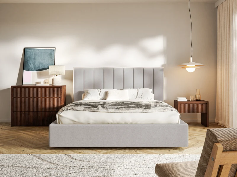 Gepolstertes Bett 160x200 cm Togents in grau-beigem hydrophobem Chenillestoff