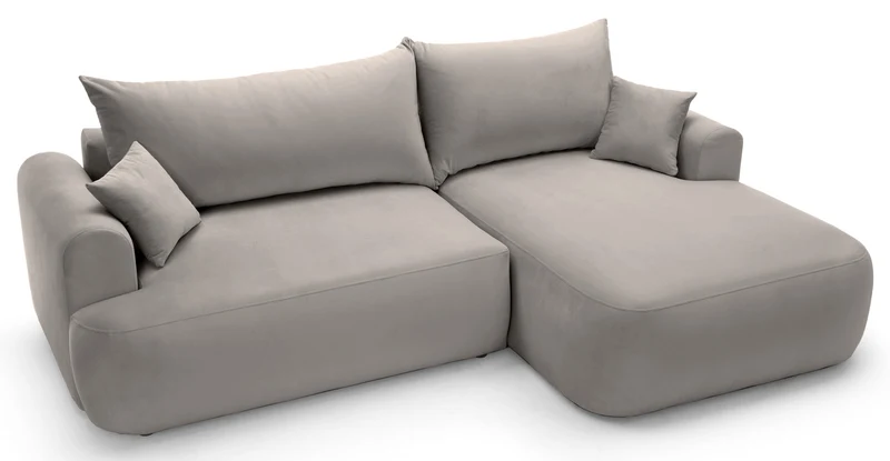 Ecksofa mit Schlafunktion Ovo, L-förmig, rechtsseitig, mit Stauraum, hellgrauer, leicht zu reinigender Samtstoff