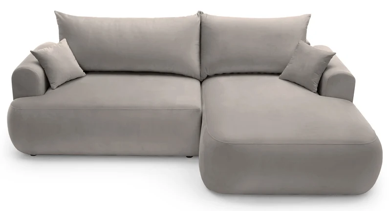 Ecksofa mit Schlafunktion Ovo, L-förmig, rechtsseitig, mit Stauraum, hellgrauer, leicht zu reinigender Samtstoff