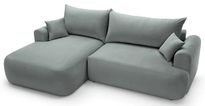 Ecksofa mit Schlafunktion Ovo, L-förmig, linksseitig, mit Stauraum, grau, pflegeleichter Samtstoff
