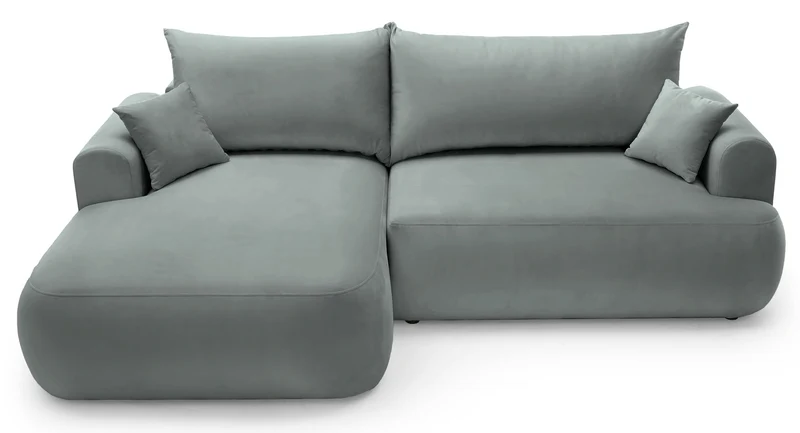 Ecksofa mit Schlafunktion Ovo, L-förmig, linksseitig, mit Stauraum, grau, pflegeleichter Samtstoff
