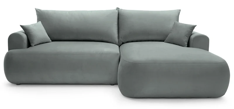 Ecksofa mit Schlaffunktion Ovo, L-förmig, rechtsseitig, mit Stauraum, grauer Samt, pflegeleicht