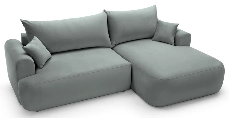 Ecksofa mit Schlaffunktion Ovo, L-förmig, rechtsseitig, mit Stauraum, grauer Samt, pflegeleicht