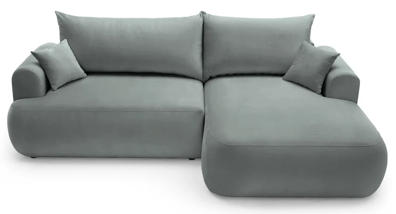 Ecksofa mit Schlaffunktion Ovo, L-förmig, rechtsseitig, mit Stauraum, grauer Samt, pflegeleicht
