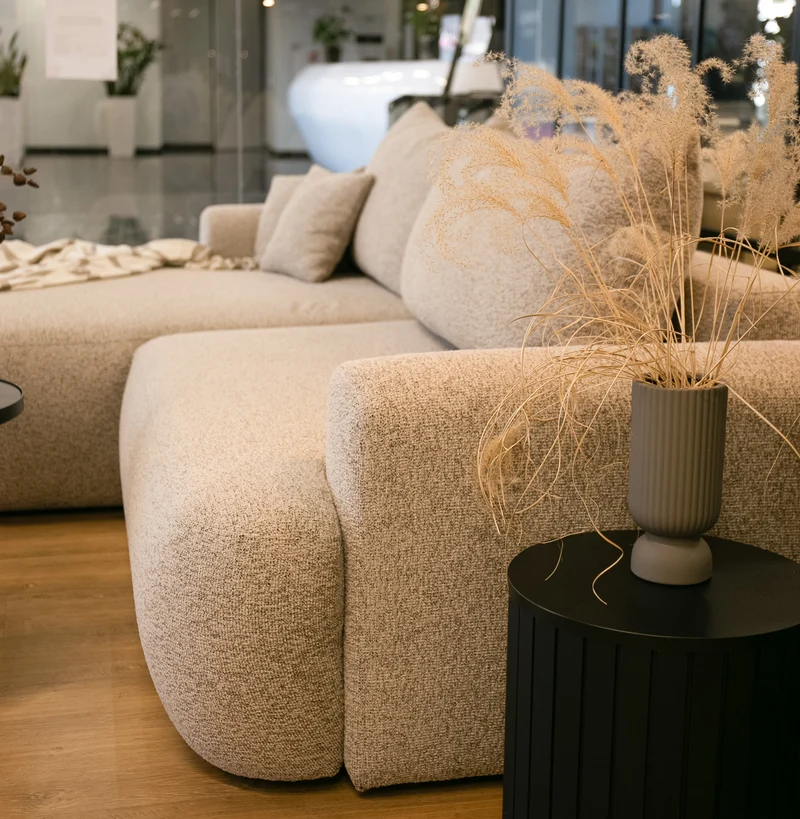 Ecksofa mit Schlaffunktion Ovo, L-förmig, hellgraues Geflecht, linksseitig