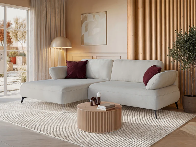 Ecksofa mit Schlaffunktion Avolla, L-förmig, linksseitig, mit Stauraum, grau-beiger hydrophober Chenille-Bezug