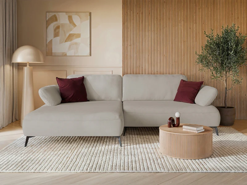 Ecksofa mit Schlaffunktion Avolla, L-förmig, linksseitig, mit Stauraum, beige, hydrophobes Chenille