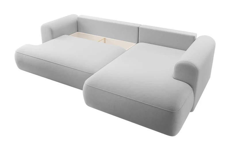 Ecksofa mit Schlaffunktion Ovo, L-förmig, mit Armlehne und Stauraum, grau, pflegeleichter Samt, rechtsseitig