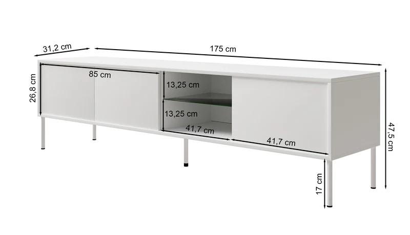 Drehtüriger TV-Schrank Modity mit Glasablage und Beleuchtung, 175 cm, Eiche auf schwarzen Beinen