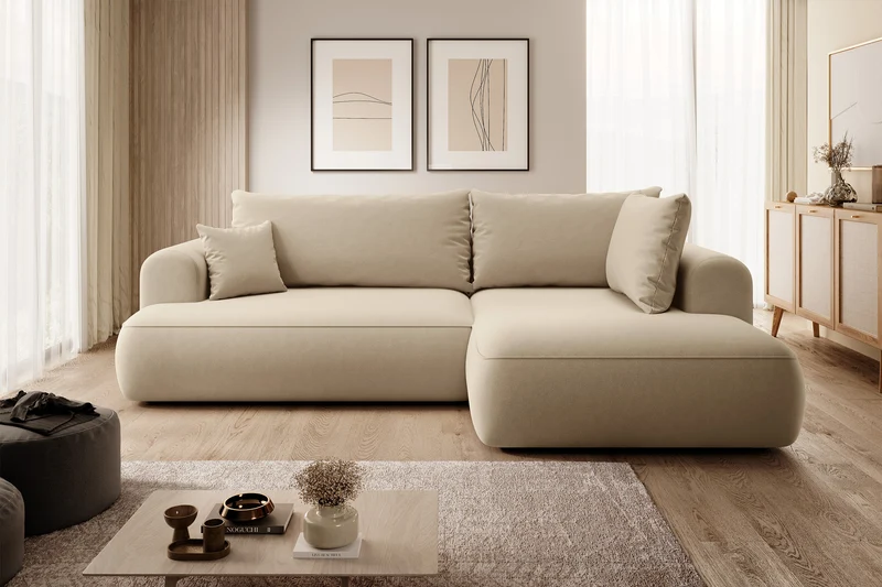 Ecksofa mit Schlaffunktion Ovo, L-förmig, mit Armlehne und Stauraum, beige Velours, pflegeleicht, rechtsseitig