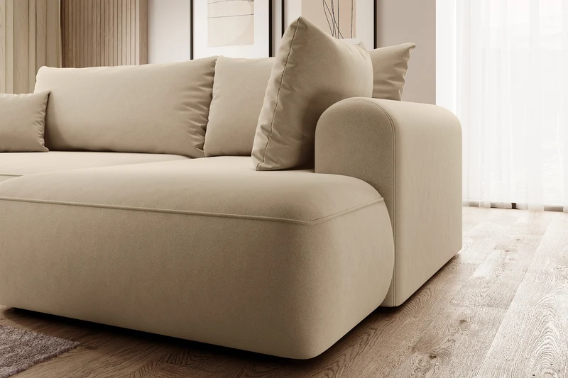 Ecksofa mit Schlaffunktion Ovo, L-förmig, mit Armlehne und Stauraum, beige Velours, pflegeleicht, rechtsseitig