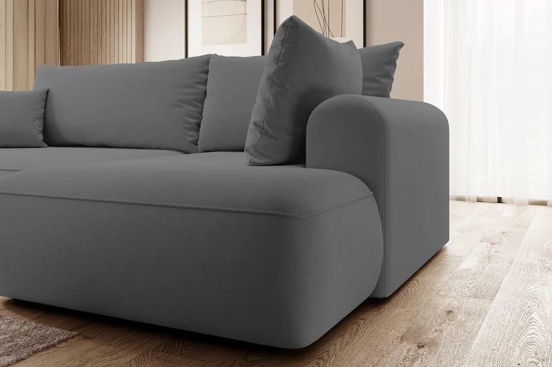 Ecksofa mit Schlaffunktion Ovo, L-förmig, mit Armlehne und Stauraum, dunkelgrauer, pflegeleichter Samt, rechtsseitig