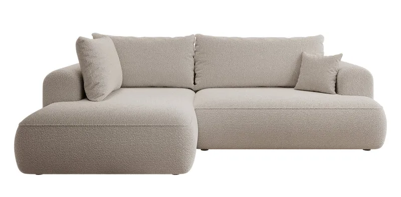 Ecksofa mit Schlaffunktion Ovo, L-förmig, mit Armlehne und Stauraum, dunkelbeige Bouclé, linksseitig