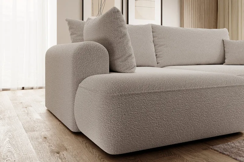 Ecksofa mit Schlaffunktion Ovo, L-förmig, mit Armlehne und Stauraum, dunkelbeige Bouclé, linksseitig