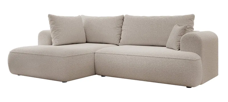 Ecksofa mit Schlaffunktion Ovo, L-förmig, mit Armlehne und Stauraum, dunkelbeige Bouclé, linksseitig
