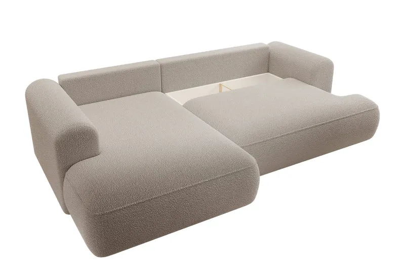 Ecksofa mit Schlaffunktion Ovo, L-förmig, mit Armlehne und Stauraum, dunkelbeige Bouclé, linksseitig
