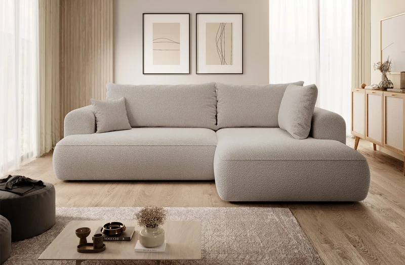 Ecksofa mit Schlaffunktion Ovo, L-förmig, mit Armlehne und Stauraum, dunkelbeiges Bouclé, rechtsseitig