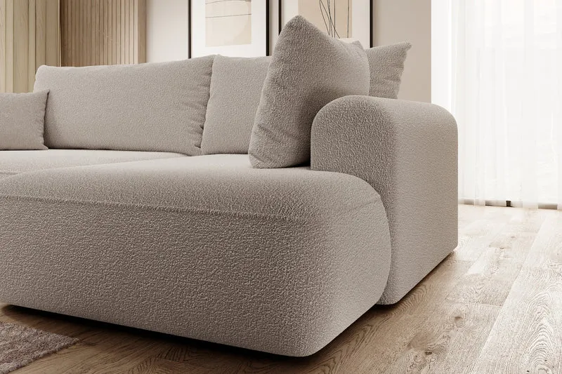 Ecksofa mit Schlaffunktion Ovo, L-förmig, mit Armlehne und Stauraum, dunkelbeiges Bouclé, rechtsseitig