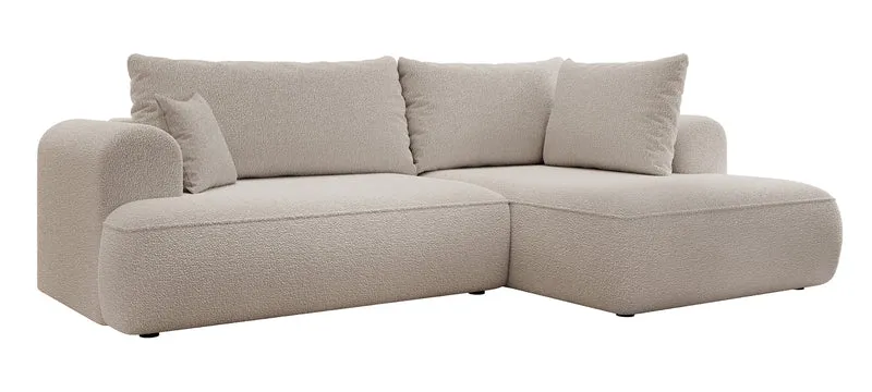 Ecksofa mit Schlaffunktion Ovo, L-förmig, mit Armlehne und Stauraum, dunkelbeiges Bouclé, rechtsseitig