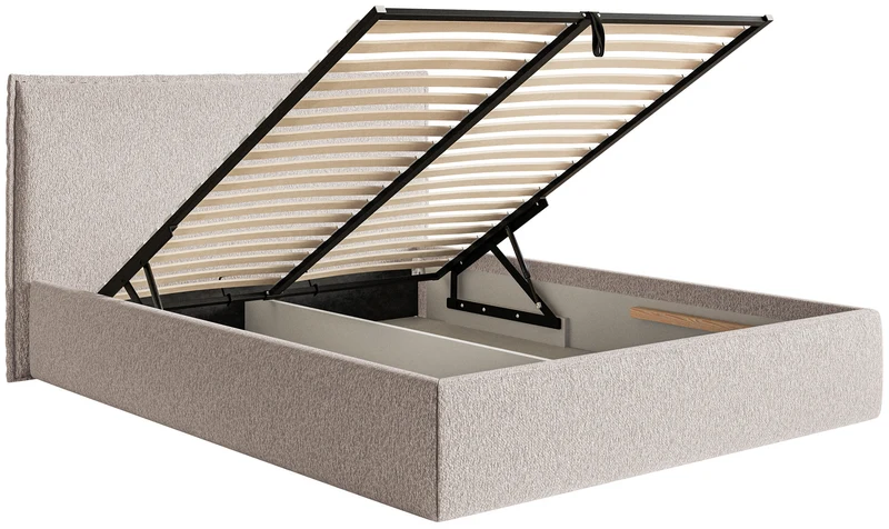 Polsterbett 200x200 cm Softie Slim mit Stauraum, beige Chenille, Metallrahmen