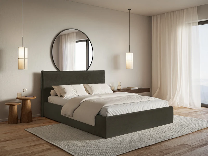 Polsterbett 140x200 cm Softie Slim mit Stauraum, dunkelgrüner hydrophober Samt, Metallrahmen