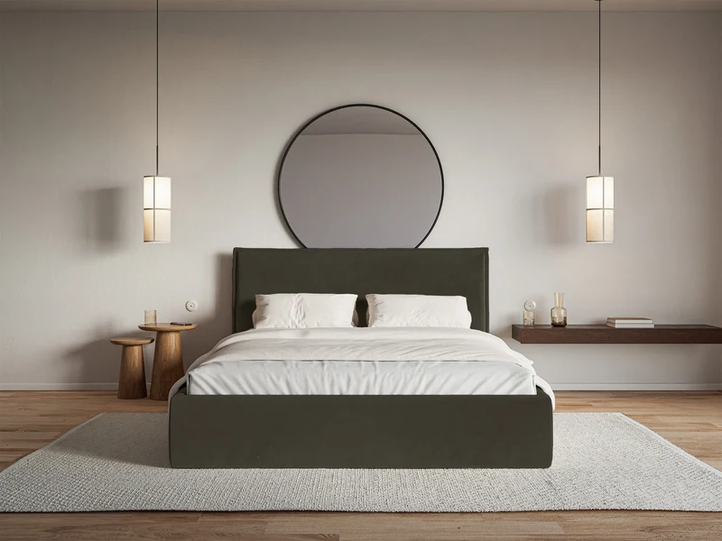 Polsterbett 140x200 cm Softie Slim mit Stauraum, dunkelgrüner hydrophober Samt, Metallrahmen
