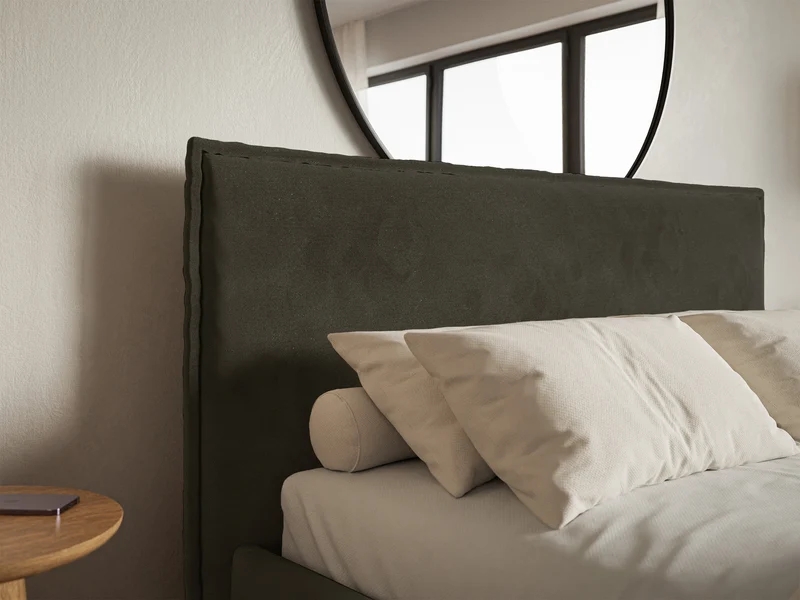 Polsterbett 140x200 cm Softie Slim mit Stauraum, dunkelgrüner hydrophober Samt, Metallrahmen