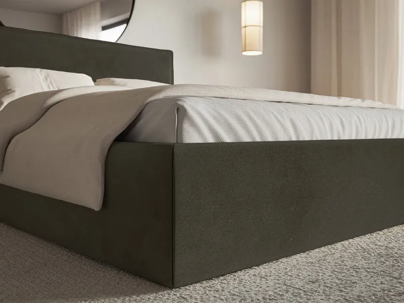 Polsterbett 140x200 cm Softie Slim mit Stauraum, dunkelgrüner hydrophober Samt, Metallrahmen