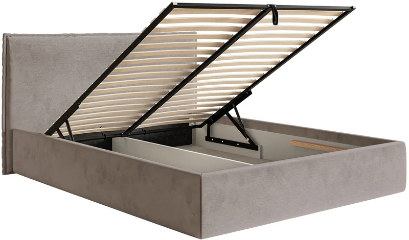 Gepolstertes Bett 200x200 cm Softie Slim mit Stauraum, graubrauner wasserabweisender Samt, Metallrahmen