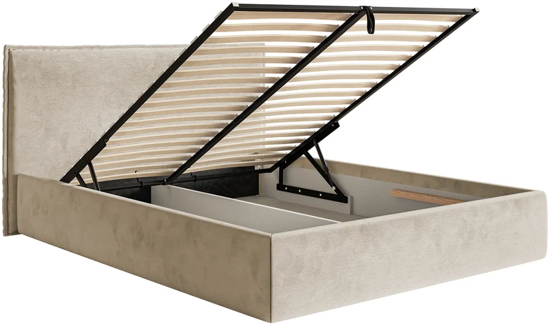 Polsterbett 140x200 cm Softie Slim mit Stauraum, beige Samt, wasserabweisend, Metallrahmen
