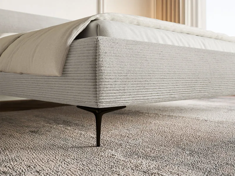 Gepolstertes Bett 140x200 cm Roule Cord mit Stauraum, Metallrahmen, grau-beiges Cord, schwarze Füße
