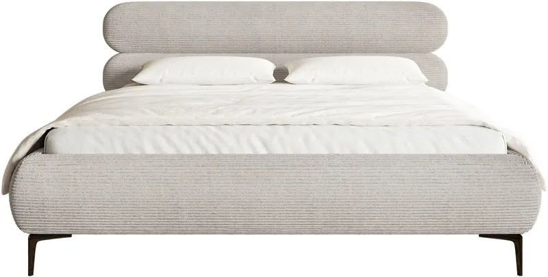 Gepolstertes Bett 140x200 cm Roule Cord mit Stauraum, Metallrahmen, grau-beiges Cord, schwarze Füße