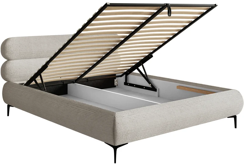 Gepolstertes Bett 140x200 cm Roule Cord mit Stauraum, Metallrahmen, grau-beiges Cord, schwarze Füße