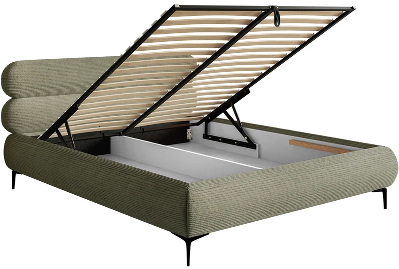 Gepolstertes Bett 160x200 cm Roule Cord mit Stauraum, Metallrahmen, olivgrüner Cordstoff, schwarze Füße