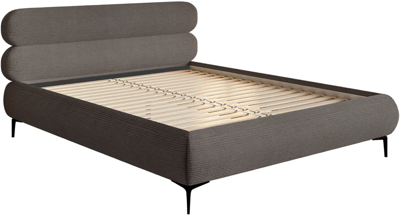 Gepolstertes Bett 140x200 cm Roule Cord grauer Cordstoff, schwarze Beine