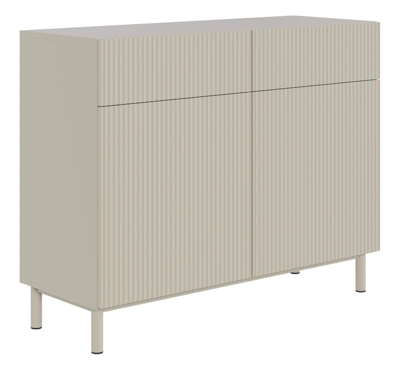 Zweiturige Kommode Veldio New mit gefräster Front und zwei Schubladen, 100 cm, grau-beige