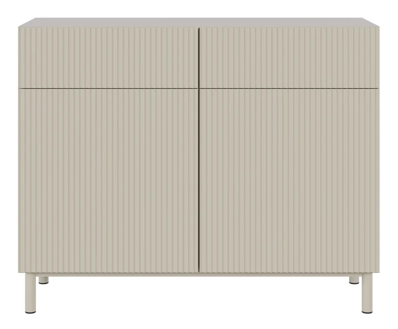 Zweiturige Kommode Veldio New mit gefräster Front und zwei Schubladen, 100 cm, grau-beige