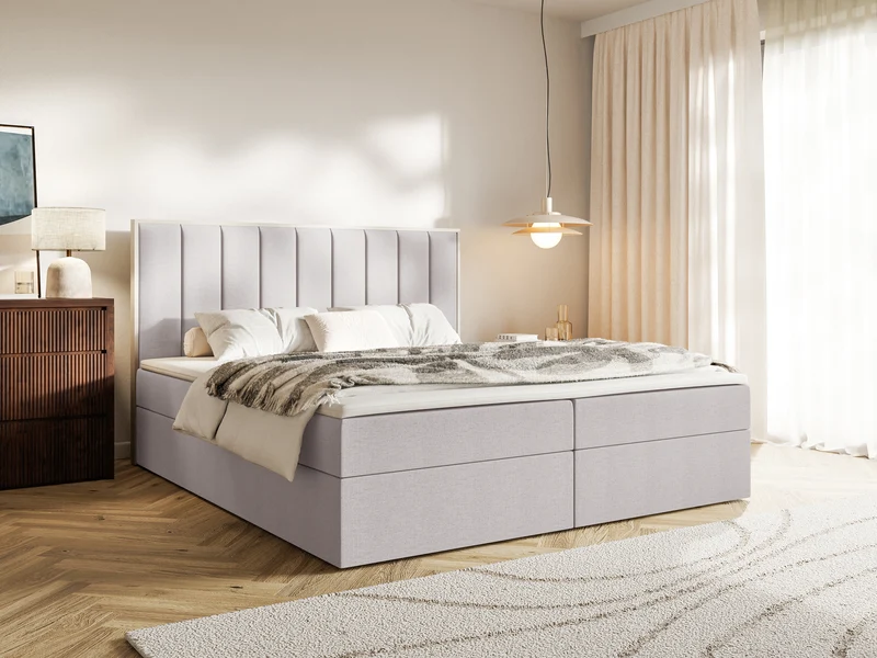 Kontinentalbett 140x200 cm Togents mit Stauraum und Topper, grauer hydrophober Chenillestoff