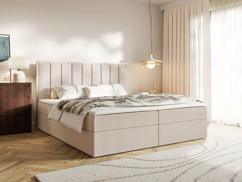Kontinentalbett 180x200 cm Togents mit Stauraum und Topper, beige, hydrophober Chenille