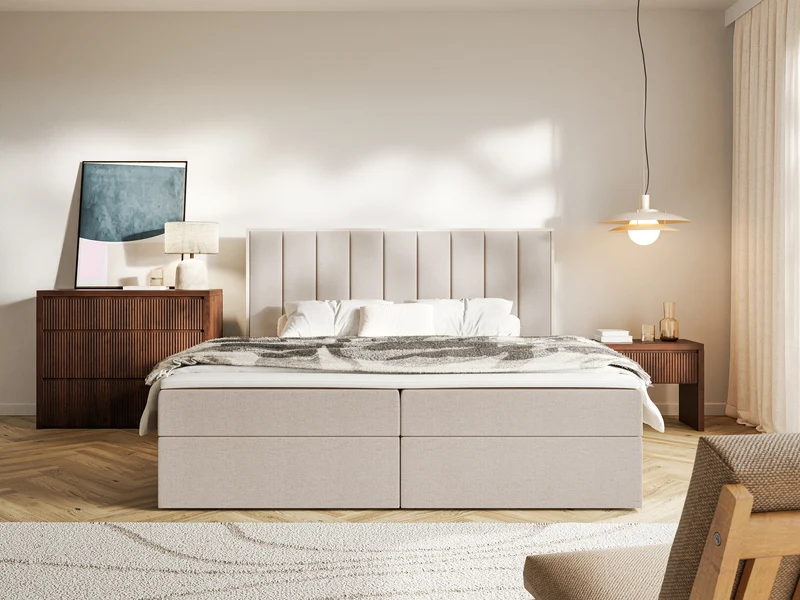 Kontinentalbett 180x200 cm Togents mit Stauraum und Topper, beige, hydrophober Chenille