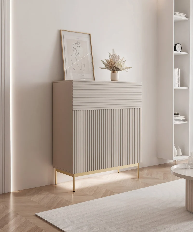 Zweittürige Kommode Linearis mit klappbarem Fach und LED-Beleuchtung, 92 cm, Kaschmir auf goldenen Beinen
