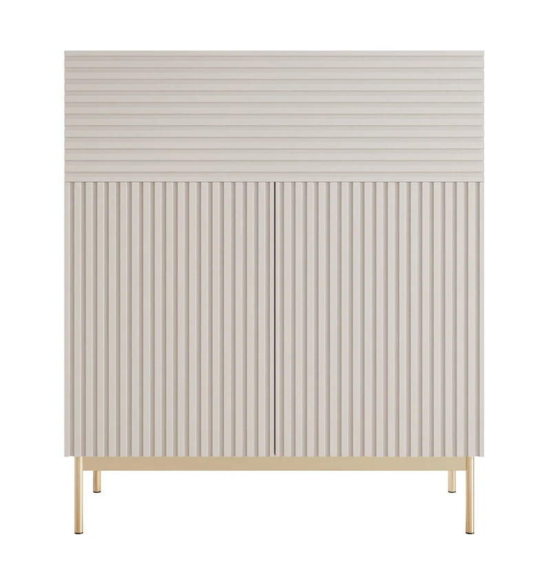 Zweittürige Kommode Linearis mit klappbarem Fach und LED-Beleuchtung, 92 cm, Kaschmir auf goldenen Beinen