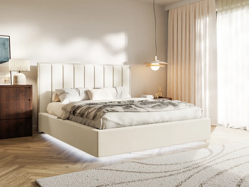 Polsterbett 180x200 cm Togents mit LED-Beleuchtung, cremefarbener Velours, wasserabweisend