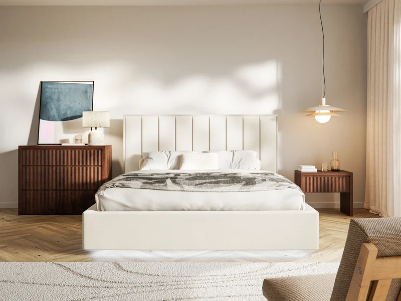 Polsterbett 180x200 cm Togents mit LED-Beleuchtung, cremefarbener Velours, wasserabweisend