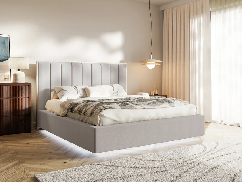 Polsterbett 180x200 cm Togents mit LED-Beleuchtung, grau-beige, hydrophober Chenille-Stoff