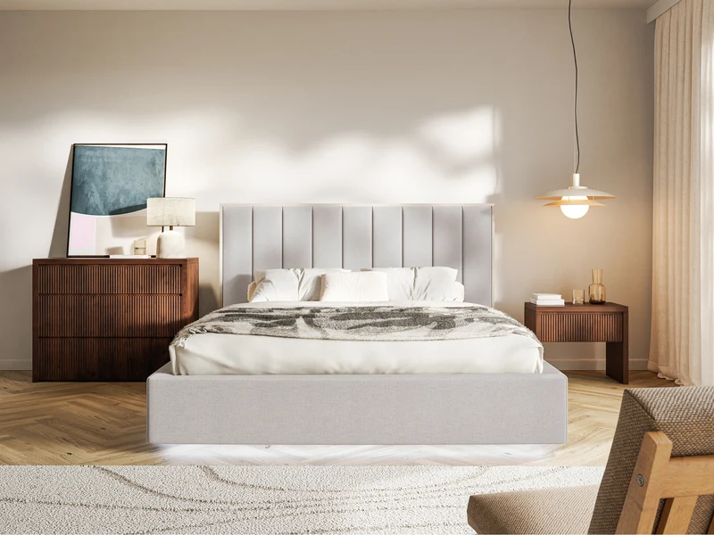 Polsterbett 180x200 cm Togents mit LED-Beleuchtung, grau-beige, hydrophober Chenille-Stoff