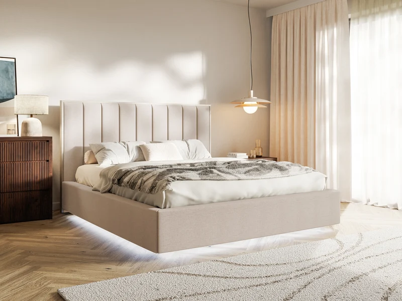 Gepolstertes Bett 140x200 cm Togents mit LED-Beleuchtung, beige Chenille, wasserabweisend
